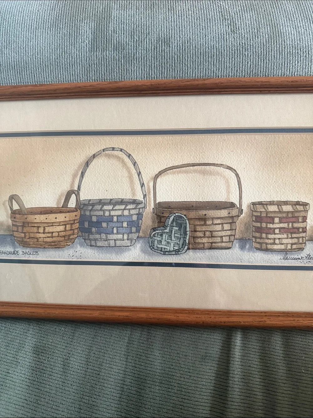 Framed Basket Watercolor Art Print in Brown and Blue - Unbranded